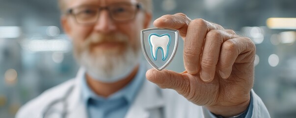 Dentist holds shield with tooth emblem, promoting dental protection and oral health in a clinical setting