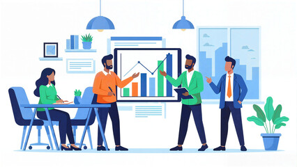 Illustration of a business presentation focused on company growth, featuring upward graphs and data analytics.