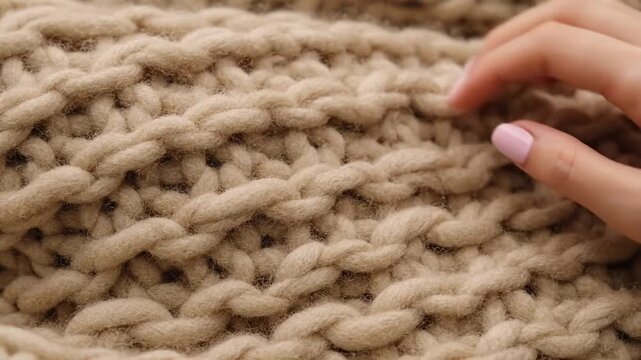 Close-up of a hand touching a beige chunky knit fabric, showcasing the texture and pattern of the material