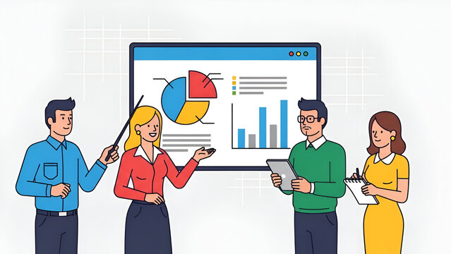 Illustration of two professionals presenting charts and diagrams on a digital screen as part of a business presentation. - Powered by Adobe