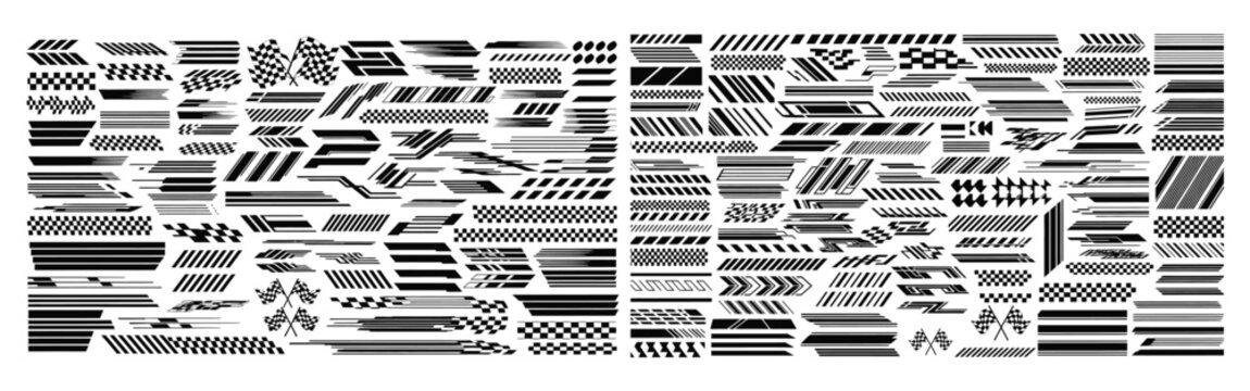 Collection of black and white racing stripes decals and checkered flag graphics for vehicle customization