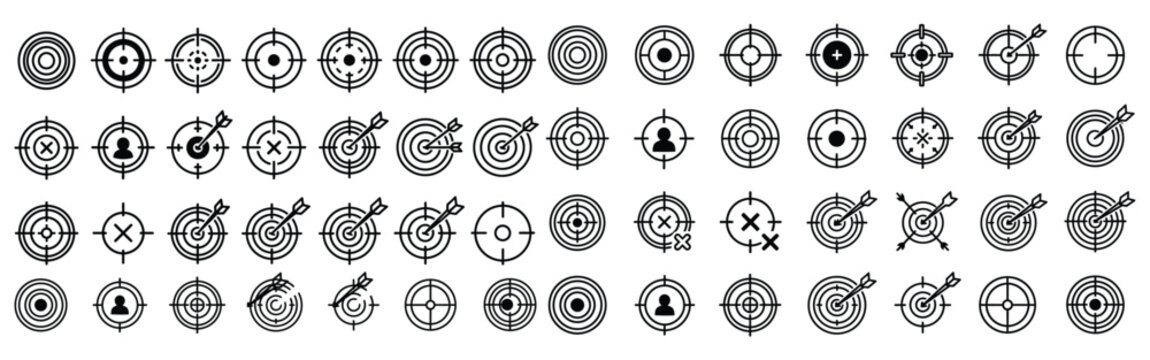 Collection of black and white target and crosshair icons representing goals accuracy focus and selection in design