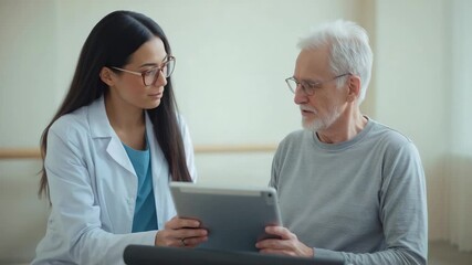 Showing tablet, clinician in lab coat guiding senior patient at rehab bar, reviewing care plan