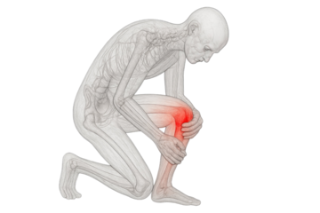 Detailed anatomical illustration of kneeling human figure highlighting painful knee joint with visible bones and muscles isolated on white background