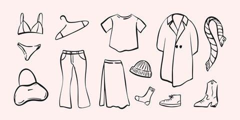 Hand drawn clothing set with jackets, skirts, jeans, dresses, shoes, accessories, and hangers. Perfect for fashion branding, and design. Vector illustration.