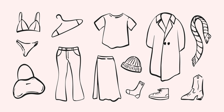Hand drawn clothing set with jackets, skirts, jeans, dresses, shoes, accessories, and hangers. Perfect for fashion branding, and design. Vector illustration.