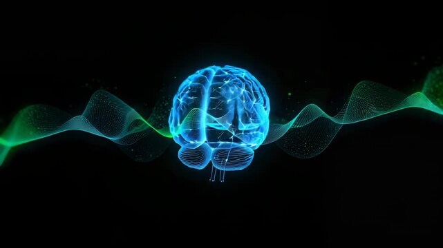 Rotating holographic brain responding to waveform motion, turning and pulsing nodes in black void