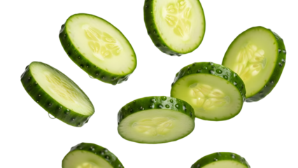 Fresh cucumber slices floating in air isolated on transparent background