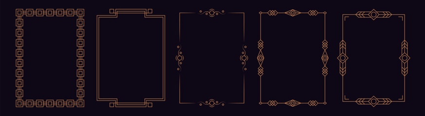Art deco frames. Elegant line gold ornament borders, luxury decorative labels for wedding invitation card, simple modern geometric antique vintage frame elements. Vector golden set