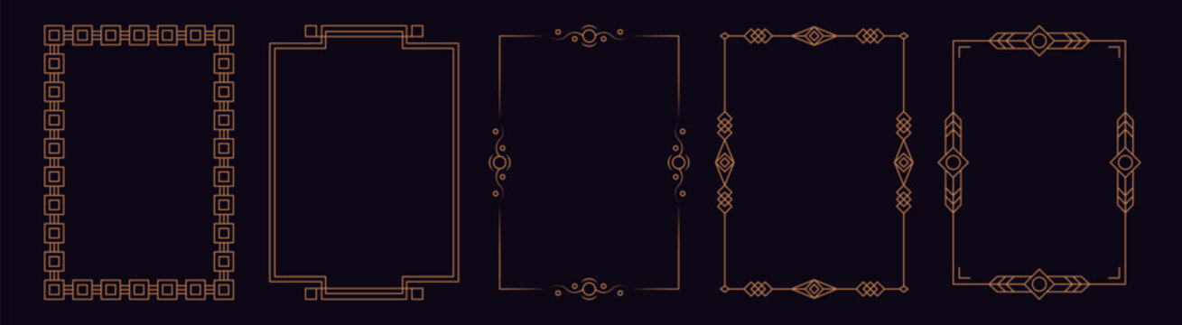 Art deco frames. Elegant line gold ornament borders, luxury decorative labels for wedding invitation card, simple modern geometric antique vintage frame elements. Vector golden set