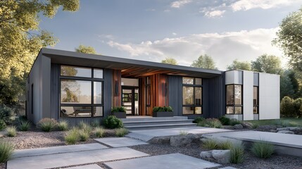 Fototapeta premium Steel supported home structure with modular layout, balanced tones, smooth textures