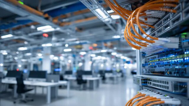 461Close-up of neatly organized orange Ethernet cables weaving into network ports, illuminated by cool white lighting in a modern, pristine server room