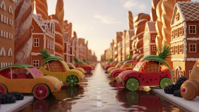 A surreal digital illustration of a city street where the buildings and cars are made of various fruits like oranges, strawberries, and limes.