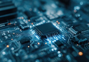 Fototapeta premium Close-up of a blue illuminated circuit board showcasing complex computer hardware components