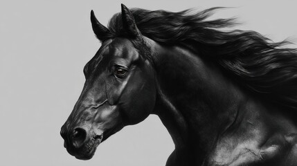 A majestic black horse with a flowing mane in motion. This image exudes power and elegance. 