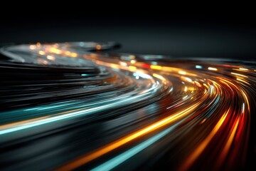 Abstract light trails swirl in neon colors creating a dynamic urban motion background