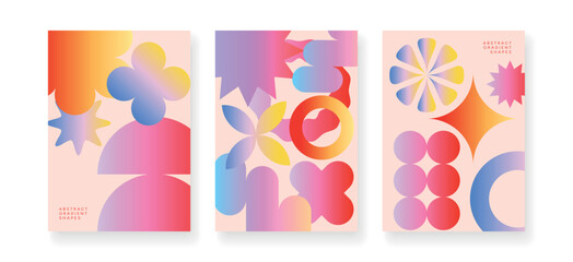 Obraz premium Abstract Gradient Shapes Posters with Colorful Fluid Circles, Stars, Flowers and Cross Figures. Futuristic Mesh Design Elements for Poster, Background or Digital Art Vector Illustration.