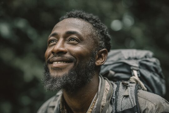 Happy African American man with backpack enjoying nature during a hike - Powered by Adobe