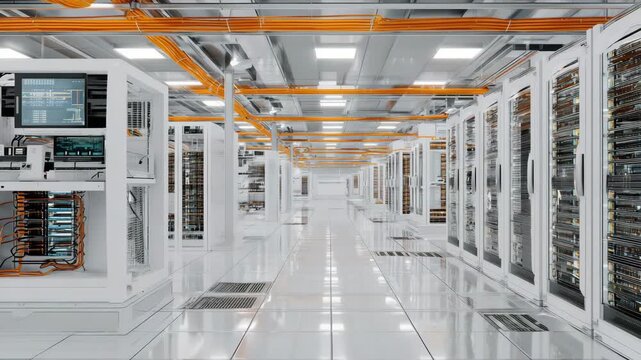 467Sleek modern data center environment, rows of glowing switches with orange cables forming elegant curves, surrounded by spotless white interior design