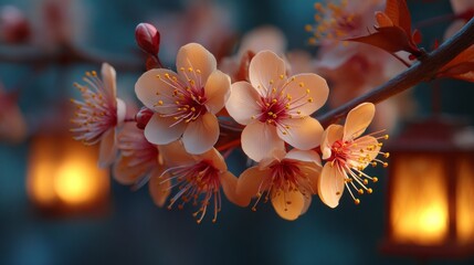 Close up of pink flowers blossom with lanterns blurred background, capturing a moment of serenity