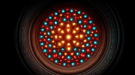 Intricate stained glass window with vibrant colors and patterns