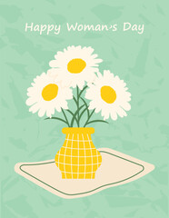 Daisies in a vase on a tablecloth or a beautiful napkin for Women's Day.