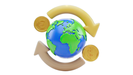 Global Currency Exchange: World with Arrows and Coins