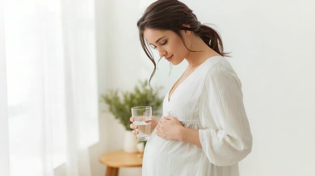 Holding water glass, pregnant woman cradling bump lowering head by window for hydration, copy space