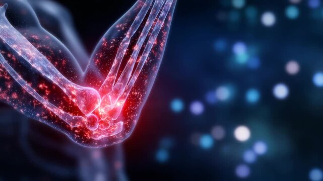 1973D anatomical visualization of an inflamed elbow joint showing red glowing pain focus at the joint capsule, detailed bone and tendon structure illuminated against a dark gradient m
