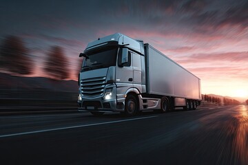 Large, silver transport vehicle traversing a highway during sunset. Roads and nature blur