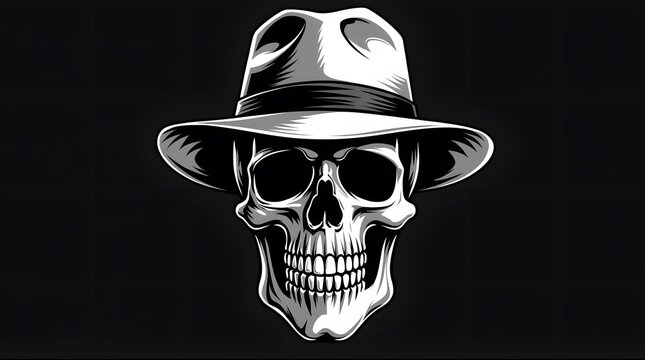 Gangster style skull illustration wearing a fedora hat suitable for mafia and crime themed graphic art and posters.