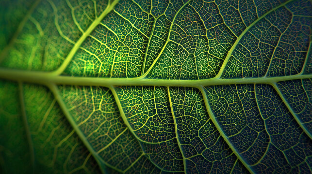 A close-up photograph showcasing the intricate details of a green leaf's veins and texture. The focus is on the leaf's delicate structure and vibrant color.