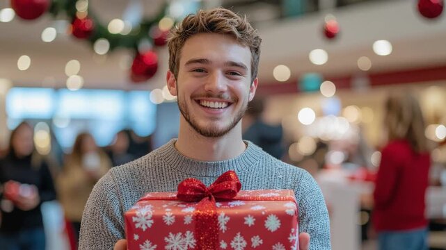 A smiling young man holds a festive red and white wrapped gift box tied with a red ribbon.