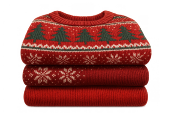 Stacked red holiday sweaters displaying christmas trees and snowflakes, featuring cozy knit wool fabric, transparent background