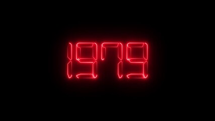 Neon red digital LED numbers display showing 1979 on black background, glowing electronic number animation, retro futuristic time and year concept, scoreboard and countdown style - Powered by Adobe