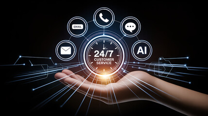 A hand holds a 24 7 customer service interface with digital communication icons.