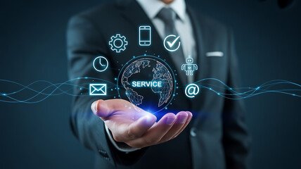 Businessman holding holographic globe representing digital service solutions and technology innovations.