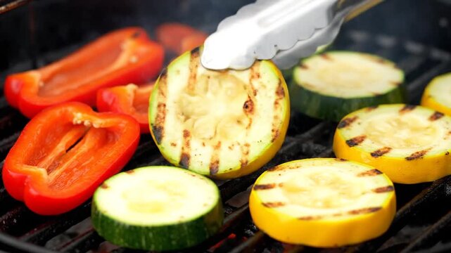Sizzling zucchini and red bell peppers grilling on a hot barbecue, skillfully turned with tongs, displaying delicious char marks for a healthy and fresh summer meal