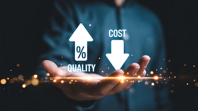 Business professional demonstrating quality improvement percentage and cost reduction savings with arrow icons in hand.