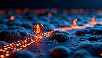Bitcoin Concept in Futuristic Forest With Glowing Path