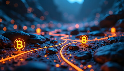 Bitcoin Concept in Futuristic Forest With Glowing Path