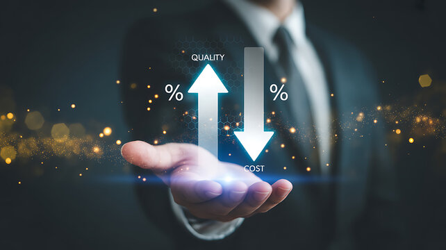 Businessman holding transparent graphic displaying quality increase arrow and cost reduction arrow symbol.