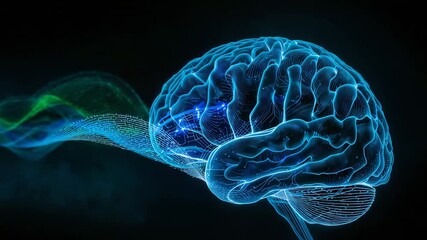 Receiving particle ribbon contact, neon brain mesh pulsing nodes in dark void, showing signal flow - Powered by Adobe