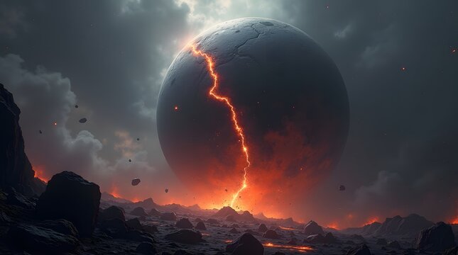 Apocalyptic sci fi landscape featuring a dark planet with a glowing lava crack and stormy sky suitable for dramatic movie posters.