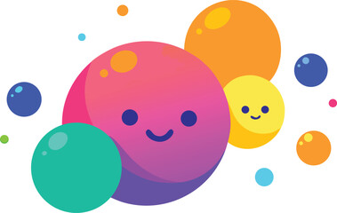 Vibrant minimalist vector illustration of overlapping colorful spheres with cute faces