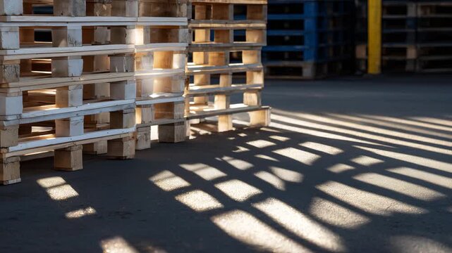 Artistic perspective of stacked pallets forming rhythmic patterns, sunlight streaming through slats, casting dramatic shadows on the warehouse floor