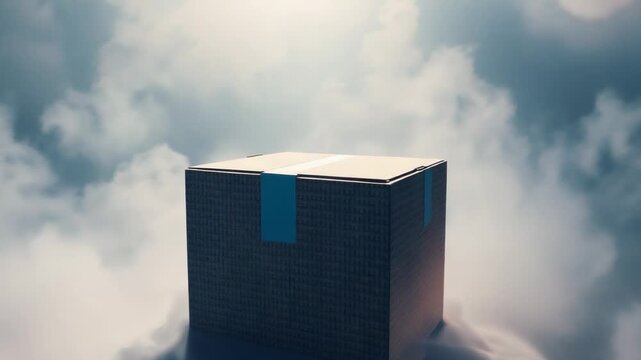 Sunlight brightening, cardboard cube emerging from fog on low cloud bank, with blue tape