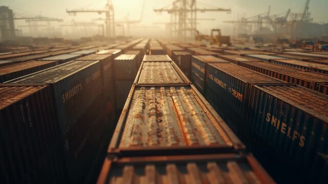 Tracking camera starting low above ribbed roof of stacked containers at port yard, revealing cranes