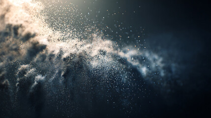 Abstract explosion of dust particles against a dark background with light
