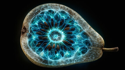 An artistic pear is depicted with a glowing blue core, creating an ethereal and captivating visual effect. The cross-section reveals intricate details within the fruit, offering a unique perspective